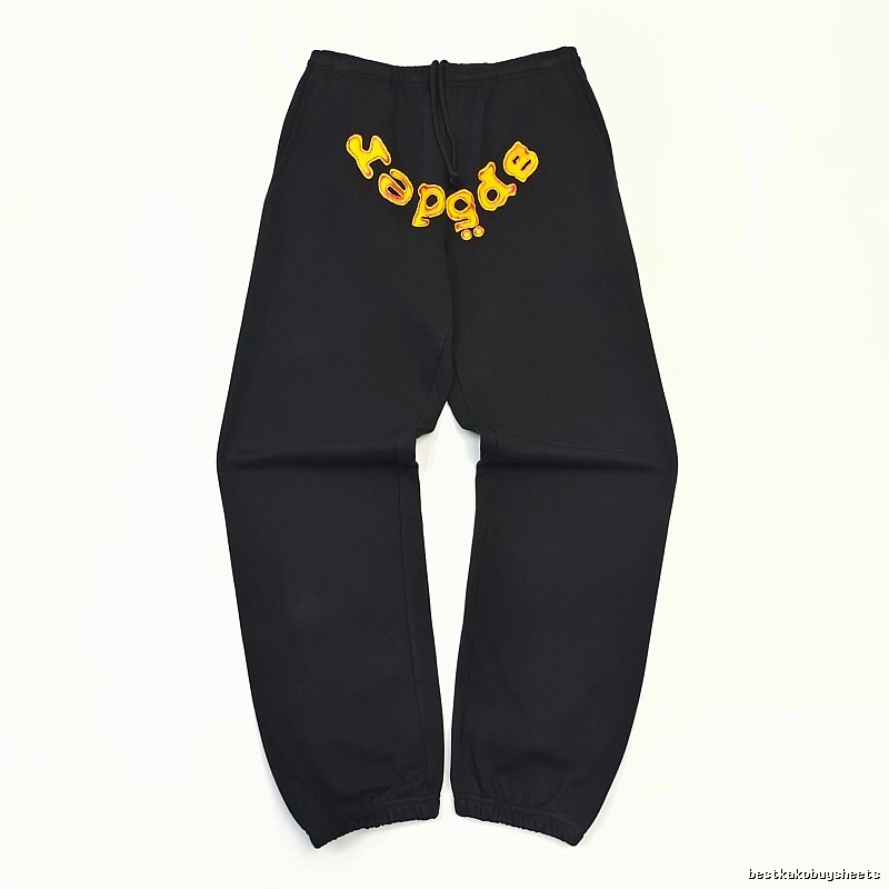 Bold Yellow Wordmark Graphics And Cuffed Hems Black Sp5der Logo Sweatpants
