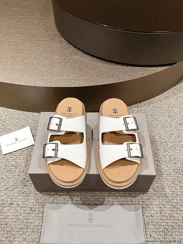 Brunello Cucinelli Double-Button Minimalist-Style White Slide Sandals