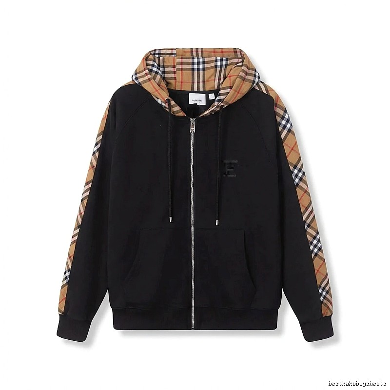 Burberry checkered pattern spliced black hoodie