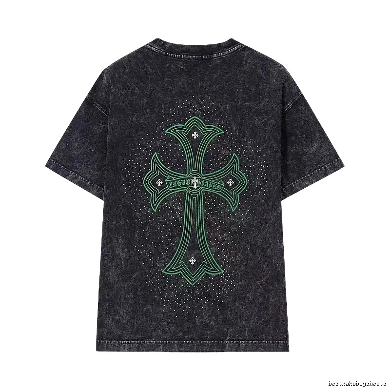 Chrome Hearts Cross Vintage Style Black and Green Short Sleeve T-Shirt