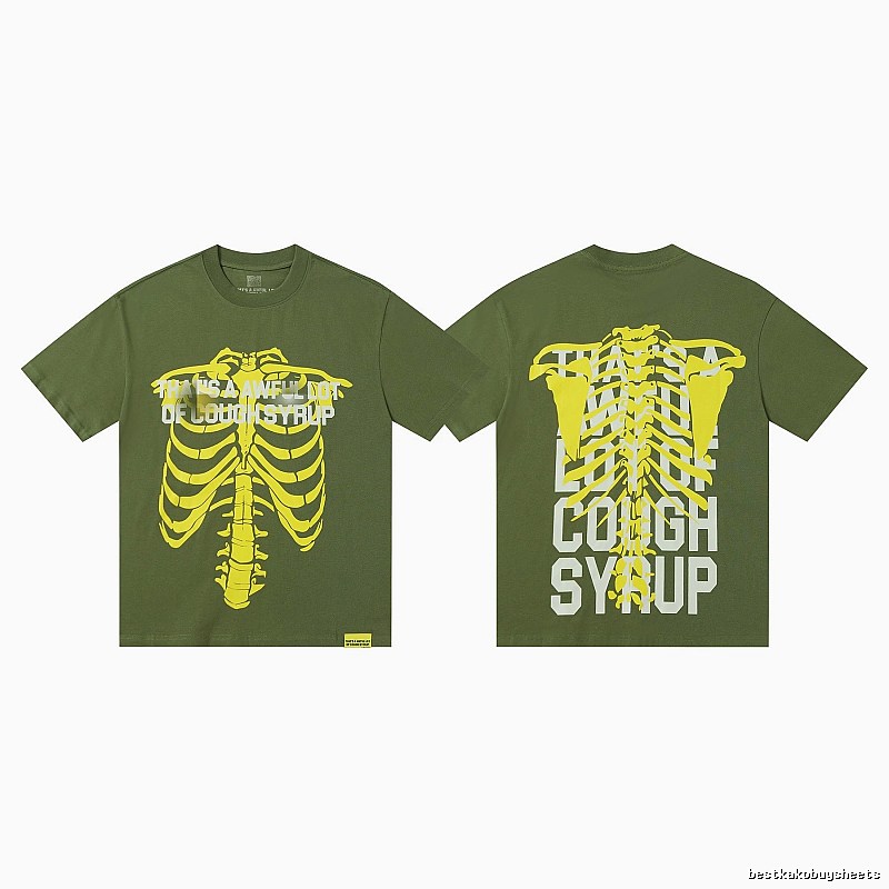 COUGH SYRUP Skeleton Print Street Style Army Green T-shirt