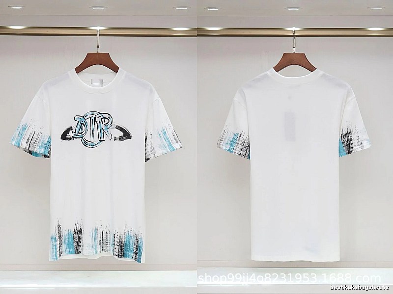Dior Graffiti Collection Street Style White and Blue Short-sleeve T-shirt