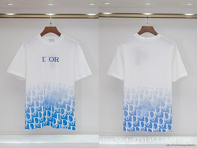 Dior Oblique Gradient Trendy Style Blue and White Short-sleeved T-shirt