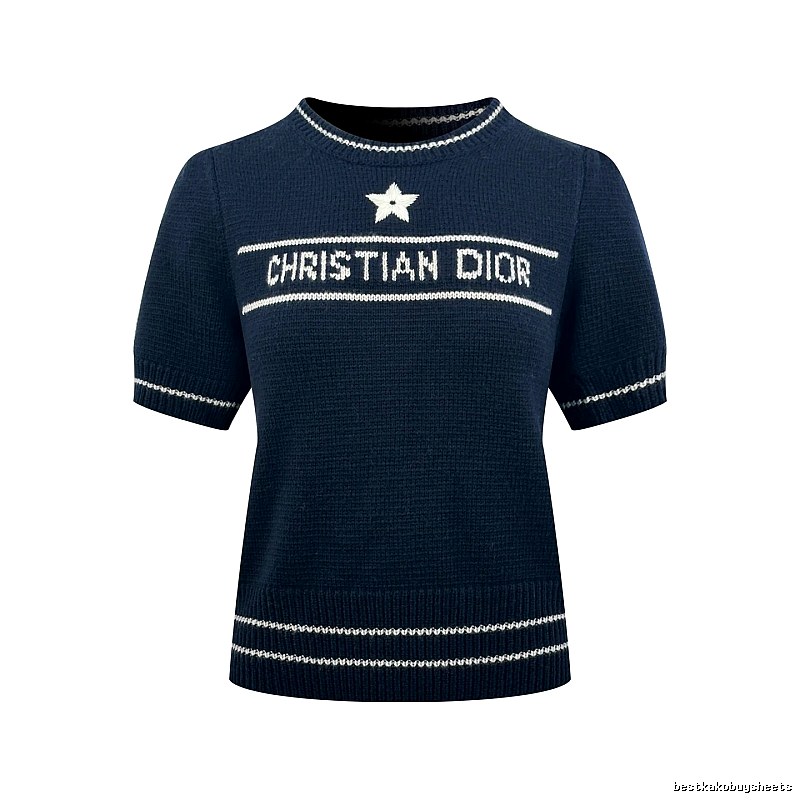 Dior Short Sleeve Knit Sweater with Cream Trim and Star Detail
