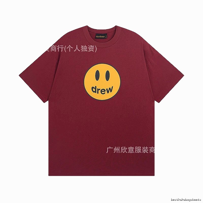 DREW Smiley Face Streetwear Style Burgundy Short Sleeve T-Shirt