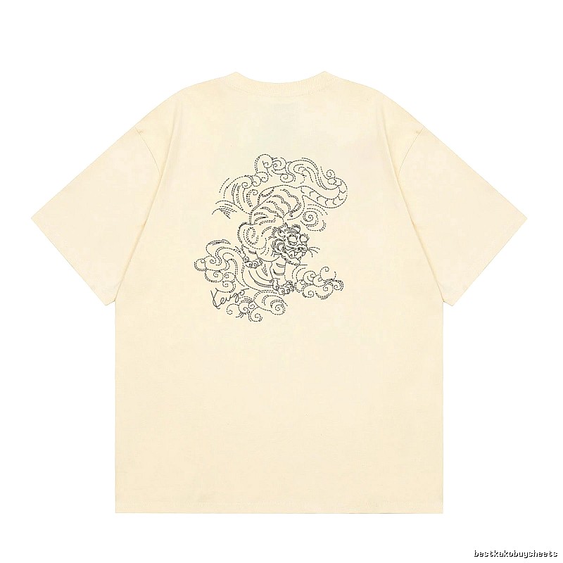 KENZO Auspicious Cloud Tiger Embroidery Chinese Style Beige Apricot Short Sleeve T-Shirt
