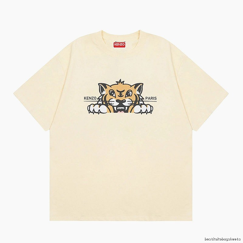 KENZO Tiger Head Print Streetwear Style Beige Short Sleeve T-Shirt