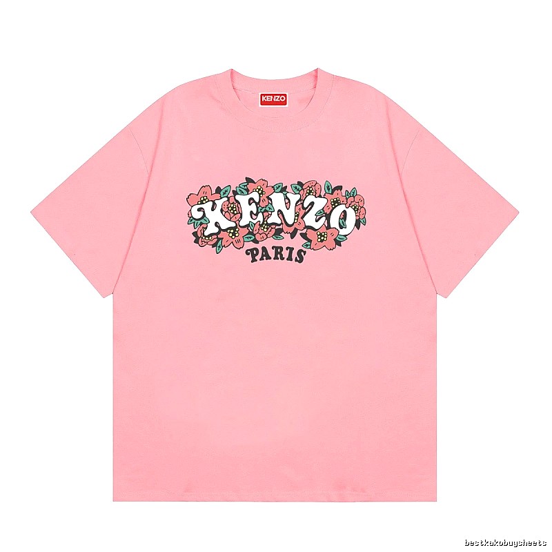 KENZO Trendy Pink Floral Print Short Sleeve T-shirt
