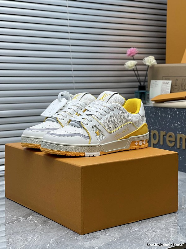Louis Vuitton White Yellow Low-top Sneaker with White Yellow Low-top on Orange for Photo Ready Styling