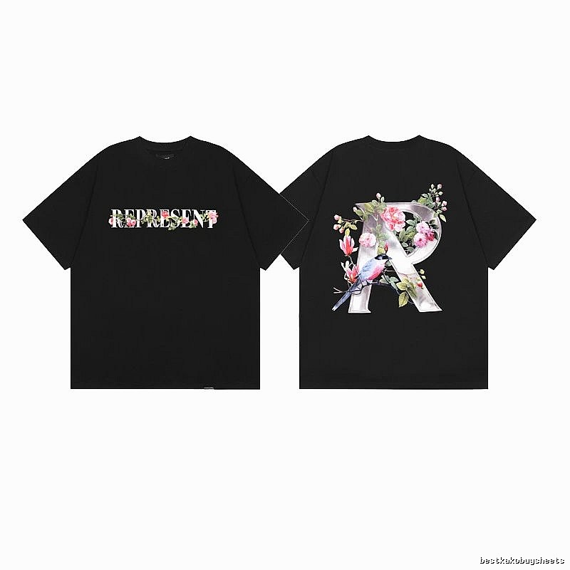 Represent Bird and Flower Print High Street Style Black T-Shirt