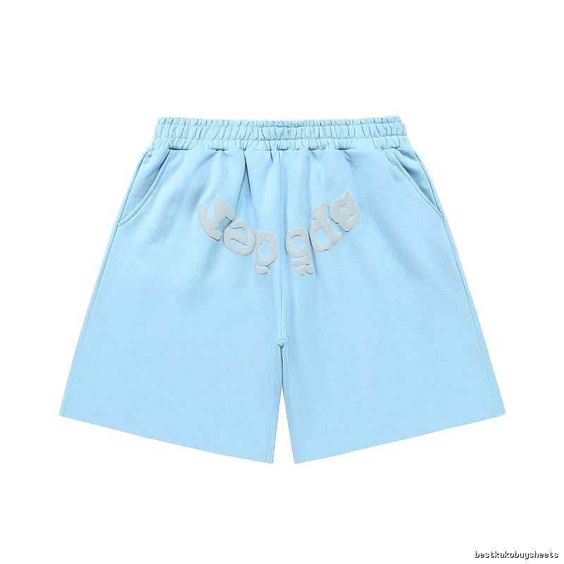 Sp5der letter-style light blue shorts