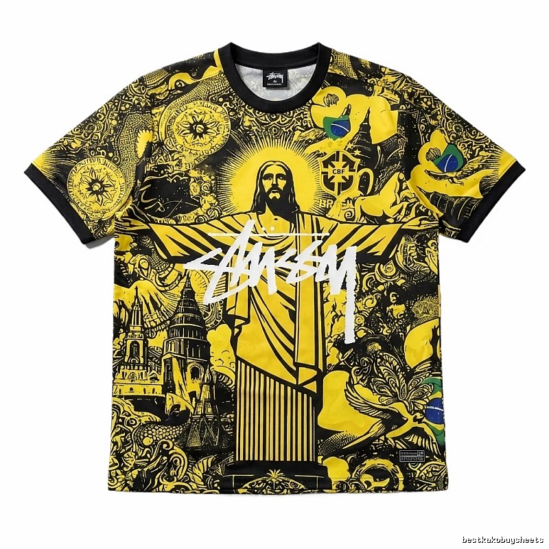Stussy's religious-style yellow and black short-sleeve T-shirt
