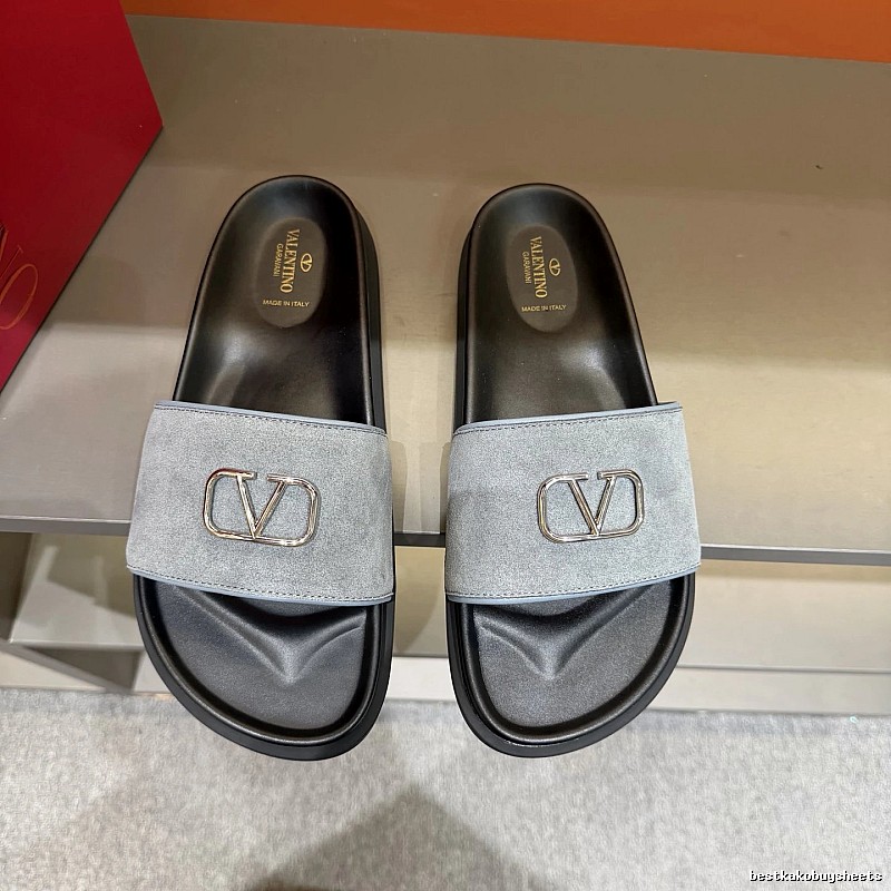 Valentino V-logo Light Luxury Style Grey and Black Color-block Slides